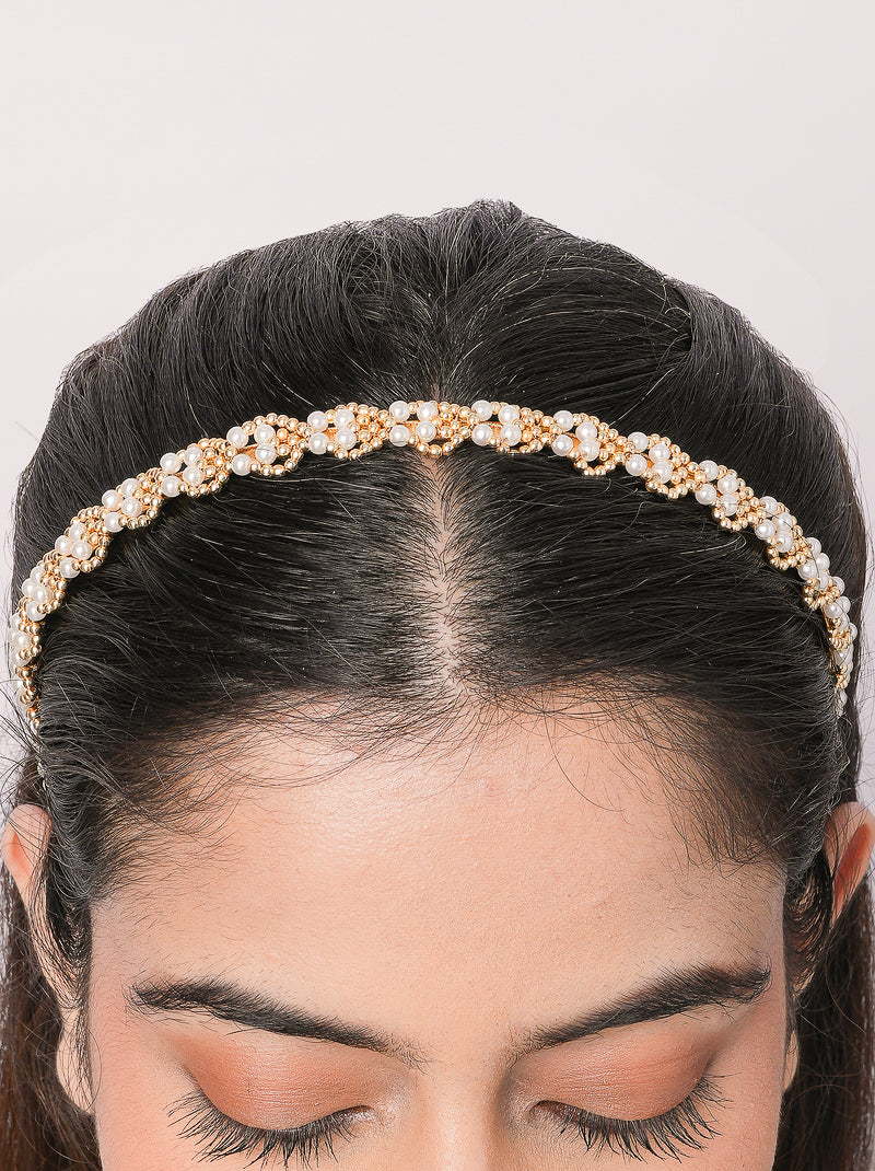 Aaboli Pearl Floral Hairband featuring handcrafted faux pearls and crystal bead floral detailing with an elegant gold tone finish for bridal and festive hairstyles.