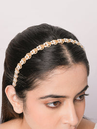 Aaboli Pearl Floral Hairband featuring handcrafted faux pearls and crystal bead floral detailing with an elegant gold tone finish for bridal and festive hairstyles.