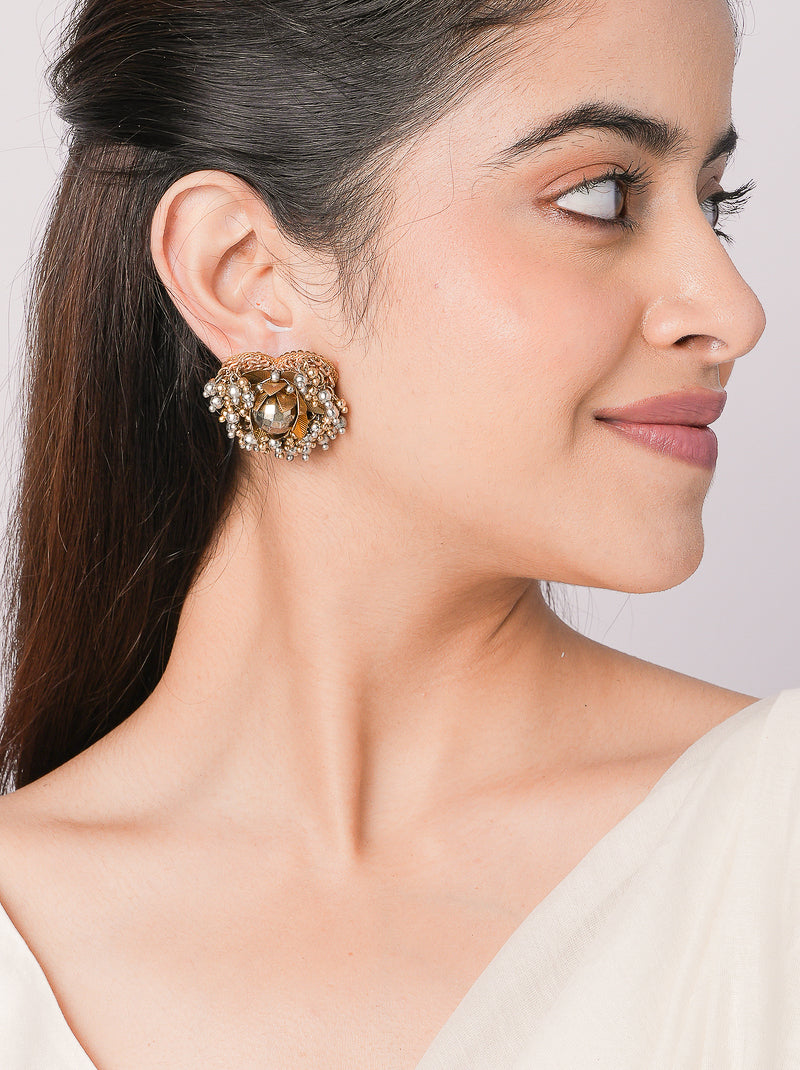Handcrafted Aaradhya Regal Bloom Earrings featuring floral brass detailing with intricate beadwork and an elegant Antique Finish.