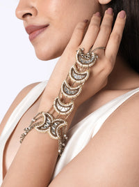 Aarna Mirror Statement Haathphool handcrafted with mirror accents, faux pearls, thread embroidery, glass bead detailing, and brass metal in an Antique Tone Finish, featuring a layered hand harness design perfect for weddings, mehendi, haldi, festive occasions, and bridal styling.