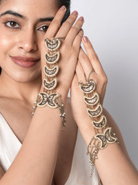 Aarna Mirror Statement Haathphool handcrafted with mirror accents, faux pearls, thread embroidery, glass bead detailing, and brass metal in an Antique Tone Finish, featuring a layered hand harness design perfect for weddings, mehendi, haldi, festive occasions, and bridal styling.