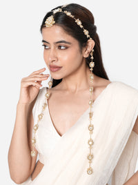 Aashi Mirror Designer Maathapatti handcrafted with intricate mirror motifs, faux pearls, glass bead detailing, and a Gold Tone Finish, featuring an elegant side chain design perfect for bridal entries, Haldi, Mehndi, Sangeet, weddings, receptions, and luxurious bridal hairstyles.