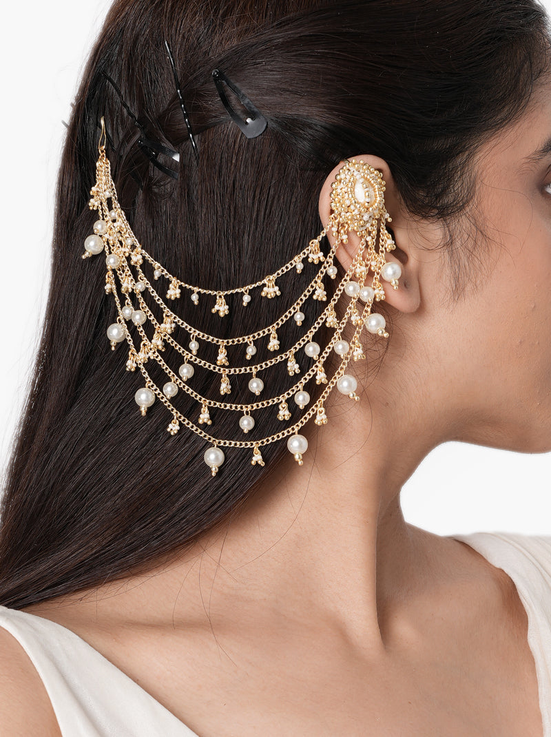 Aisha Ethnic Pearl Earchain handcrafted with cascading brass chains, faux pearls, glass bead accents, and a Gold Tone Finish, perfect for brides, Haldi, Mehndi, Sangeet, wedding ceremonies, receptions, and luxury bridal styling.