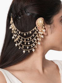 Aisha Ethnic Pearl Earchain handcrafted with cascading brass chains, faux pearls, glass bead accents, and a Gold Tone Finish, perfect for brides, Haldi, Mehndi, Sangeet, wedding ceremonies, receptions, and luxury bridal styling.