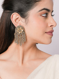 Handcrafted Aliha Antique Tassel Earrings in antique gold and silver finish featuring floral motifs and cascading metal bead tassels for bridal, wedding, and festive ethnic wear.