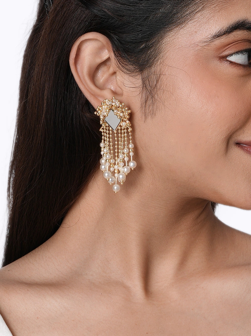 Amisha Pearl Fashion Earrings handcrafted with mirror glass, cascading faux pearl strands, glass beads, and brass metal in a Gold Tone Finish, designed for weddings, festive celebrations, cocktail parties, receptions, and elegant contemporary styling.