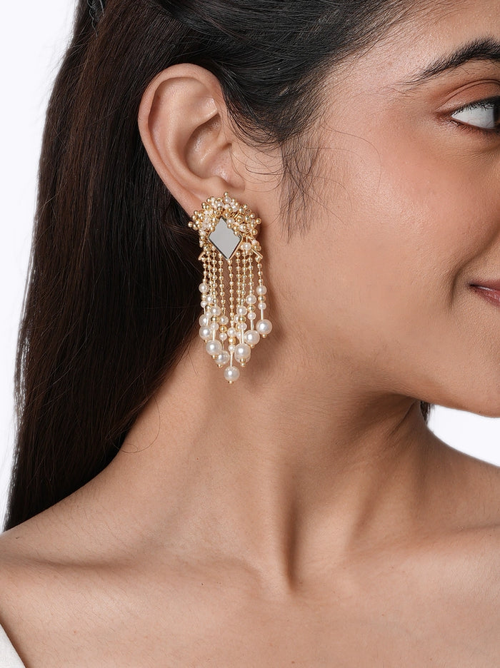 Amisha Pearl Fashion Earrings handcrafted with mirror glass, cascading faux pearl strands, glass beads, and brass metal in a Gold Tone Finish, designed for weddings, festive celebrations, cocktail parties, receptions, and elegant contemporary styling.