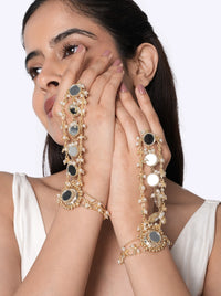 Anupma Modern Fashion Hathphool handcrafted with brass metal, polished mirror accents, faux pearls, glass bead detailing, and layered chains in a Gold Tone Finish, perfect for weddings, festive occasions, cocktail parties, and contemporary ethnic styling.