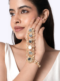 Anupma Modern Fashion Hathphool handcrafted with brass metal, polished mirror accents, faux pearls, glass bead detailing, and layered chains in a Gold Tone Finish, perfect for weddings, festive occasions, cocktail parties, and contemporary ethnic styling.