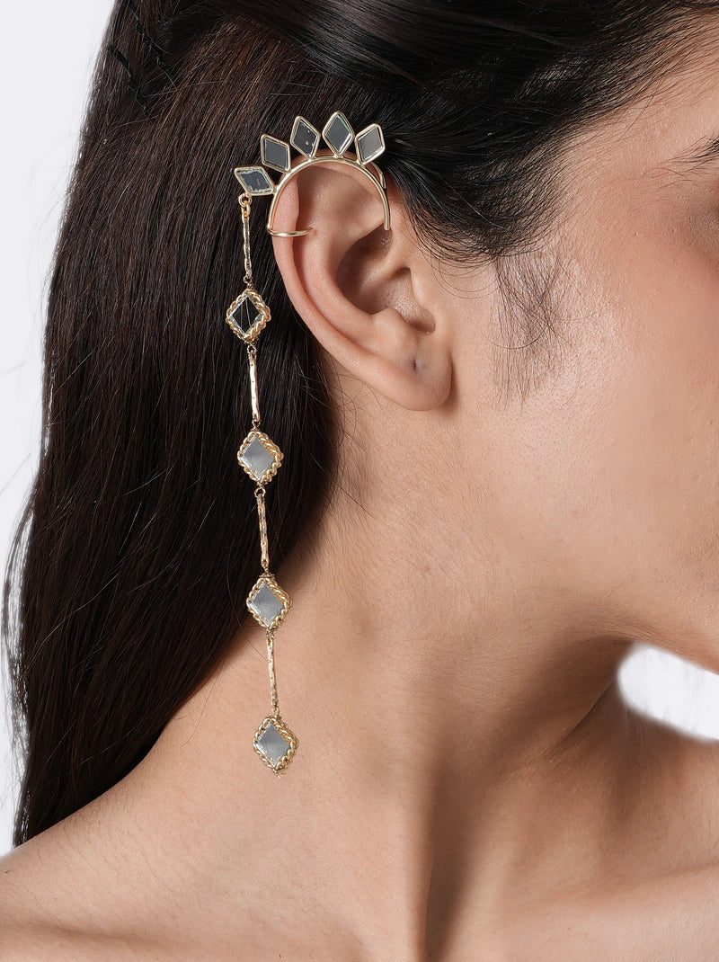 Ariella Fashion Mirror Earring handcrafted with geometric mirror accents, brass metal, and a Gold Tone Finish in a sleek ear cuff design, perfect for parties, weddings, festive occasions, and contemporary styling.