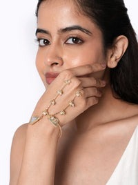 Ariya Crystal Fashion Haathphool handcrafted with geometric glass stones, faux pearl clusters, delicate glass beads, and brass metal in a Gold Tone Finish, featuring an adjustable ring and open bangle design for weddings, festive occasions, receptions, bridesmaids, and contemporary bridal styling.