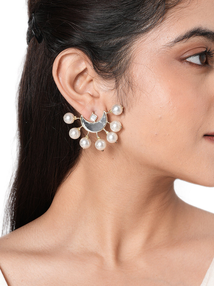 Asha Pearl Mirror Earrings handcrafted with a crescent mirror centerpiece, faux pearl accents, brass metal, and a Gold Tone Finish, perfect for weddings, Haldi, Mehndi, festive celebrations, parties, and elegant Indo-western styling.
