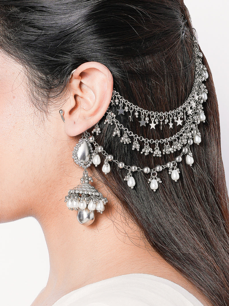 Ashi handcrafted statement earrings featuring intricate beaded detailing with a silver tone finish, ideal for weddings, festive celebrations, and contemporary ethnic styling.