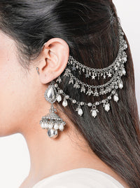 Ashi handcrafted statement earrings featuring intricate beaded detailing with a silver tone finish, ideal for weddings, festive celebrations, and contemporary ethnic styling.