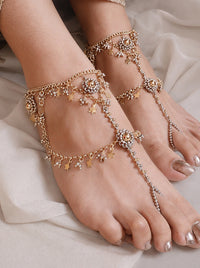 Handcrafted Asmita Antique Beaded Anklet in antique gold and silver finish featuring floral motifs, intricate bead detailing, dangling star charms, and adjustable closure for bridal, wedding, and festive ethnic wear.