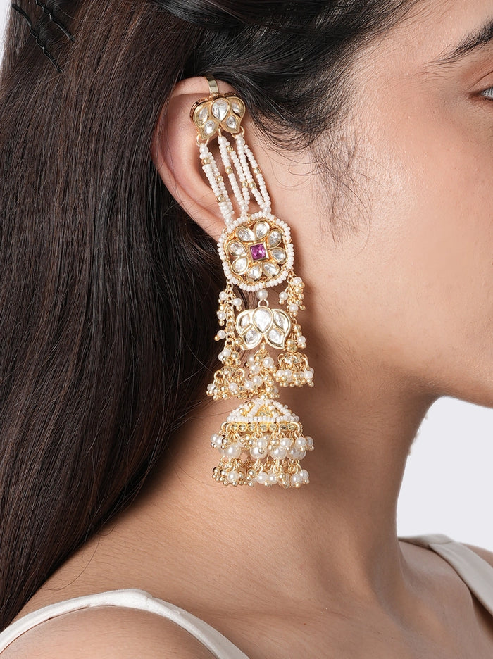 Aurelie Bridal Pearl Earrings handcrafted with glass stones, layered faux pearl jhumkas, glass bead strands, and brass metal in a Gold Tone Finish, designed for bridal weddings, receptions, festive celebrations, and luxurious traditional styling.
