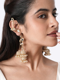 Aveline Modern Pearl Earrings handcrafted with faux pearls, mirror accents, glass bead detailing, and brass metal in a Gold Tone Finish, featuring cascading pearl clusters for weddings, festive occasions, cocktail parties, and statement styling.