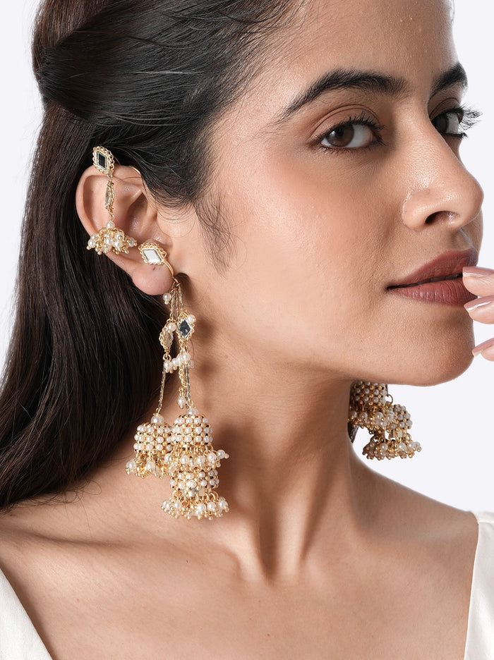 Aveline Modern Pearl Earrings handcrafted with faux pearls, mirror accents, glass bead detailing, and brass metal in a Gold Tone Finish, featuring cascading pearl clusters for weddings, festive occasions, cocktail parties, and statement styling.