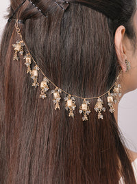 Avni Crystal Ear Chain handcrafted in antique gold finish with sparkling crystal drops and elegant cascading chains for bridal, wedding and festive hairstyles.