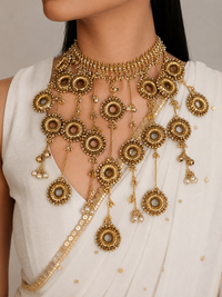 Handcrafted Bhagya Majestic Layered Necklace featuring brass metal, beads, pearls and shells with an elegant Antique Finish for bridal and festive wear.