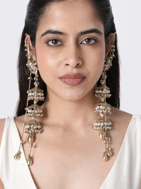 Charvi Modern Designer Earrings handcrafted with layered jhumka domes, faux pearls, glass bead detailing, metallic drop accents, and brass metal in a Gold Tone Finish, designed for weddings, receptions, festive celebrations, cocktail parties, and elegant contemporary styling.