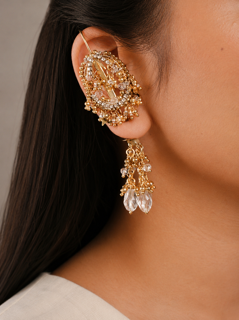 Charvi Crystal Statement Earcuff handcrafted in antique gold featuring crystal bead embroidery, sparkling crystal drops and an elegant ear-hugging design for bridal and festive occasions.