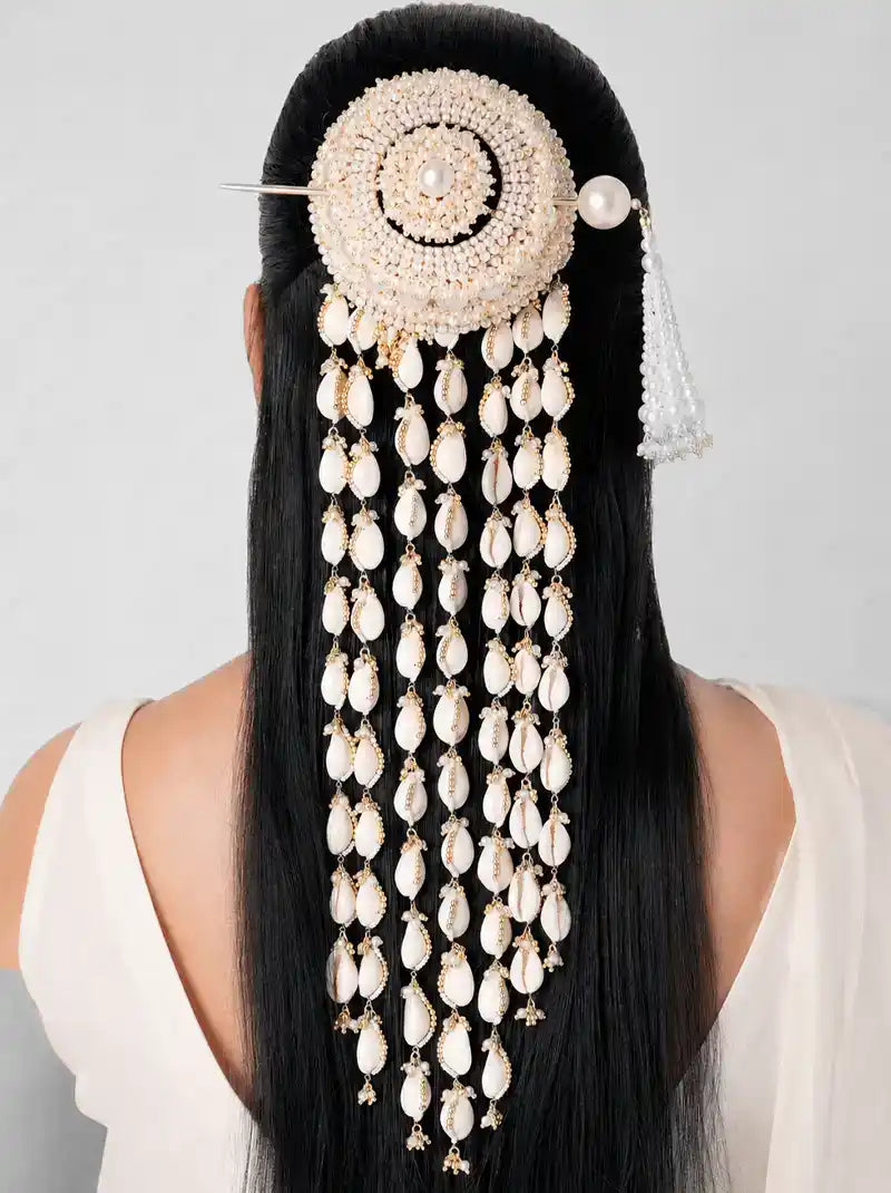 Chetna Pearl Hair Accessory featuring a handcrafted circular pearl motif with cascading pearl strands in a luxurious Gold Tone Finish, designed for bridal hairstyles, weddings, receptions and festive occasions.