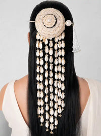 Chetna Pearl Hair Accessory featuring a handcrafted circular pearl motif with cascading pearl strands in a luxurious Gold Tone Finish, designed for bridal hairstyles, weddings, receptions and festive occasions.
