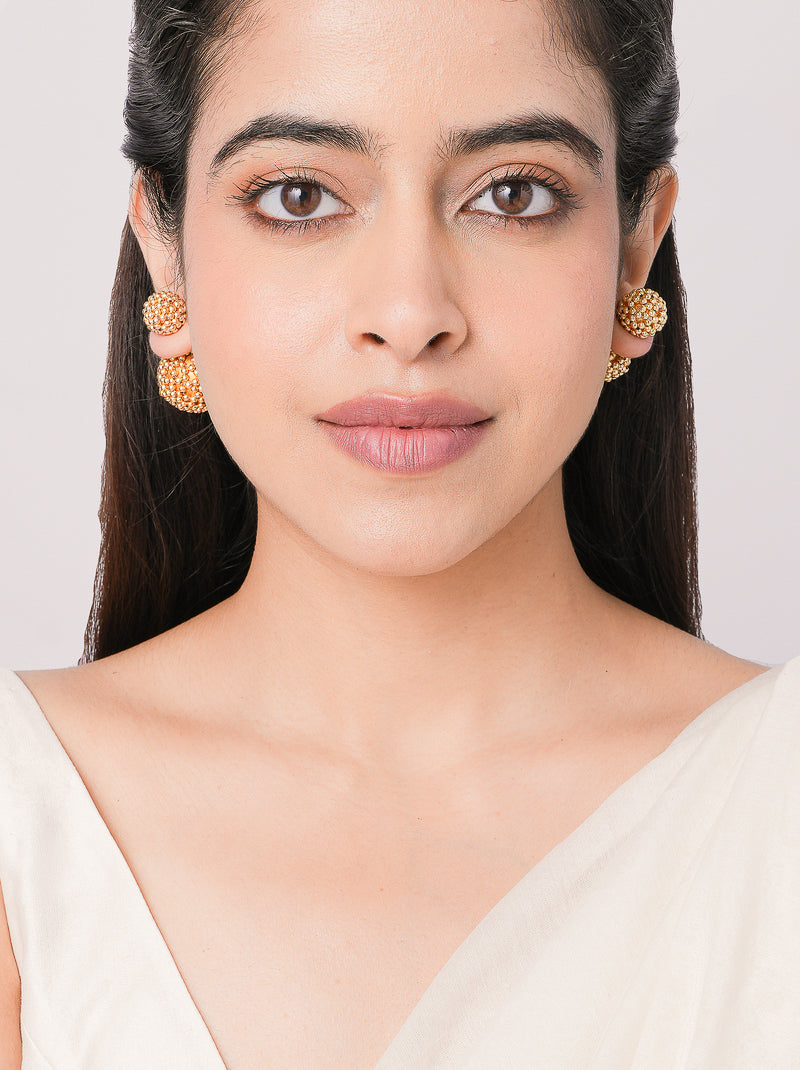 Cyrus Elegant Stud Earrings featuring handcrafted textured double-sphere brass studs with a Gold Tone Finish for contemporary everyday and festive styling.
