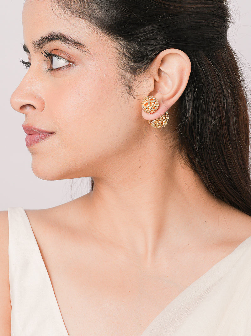 Cyrus Elegant Stud Earrings featuring handcrafted textured double-sphere brass studs with a Gold Tone Finish for contemporary everyday and festive styling.
