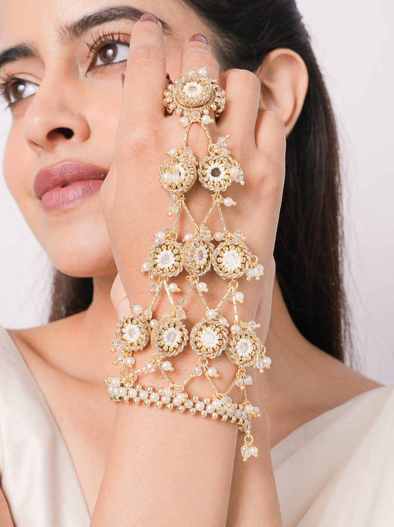 Darsana Ethnic Mehndi Haathphool handcrafted with intricate mirror work, faux pearls, brass detailing, and a gold tone finish, perfect for mehndi ceremonies, haldi celebrations, weddings, and festive occasions.
