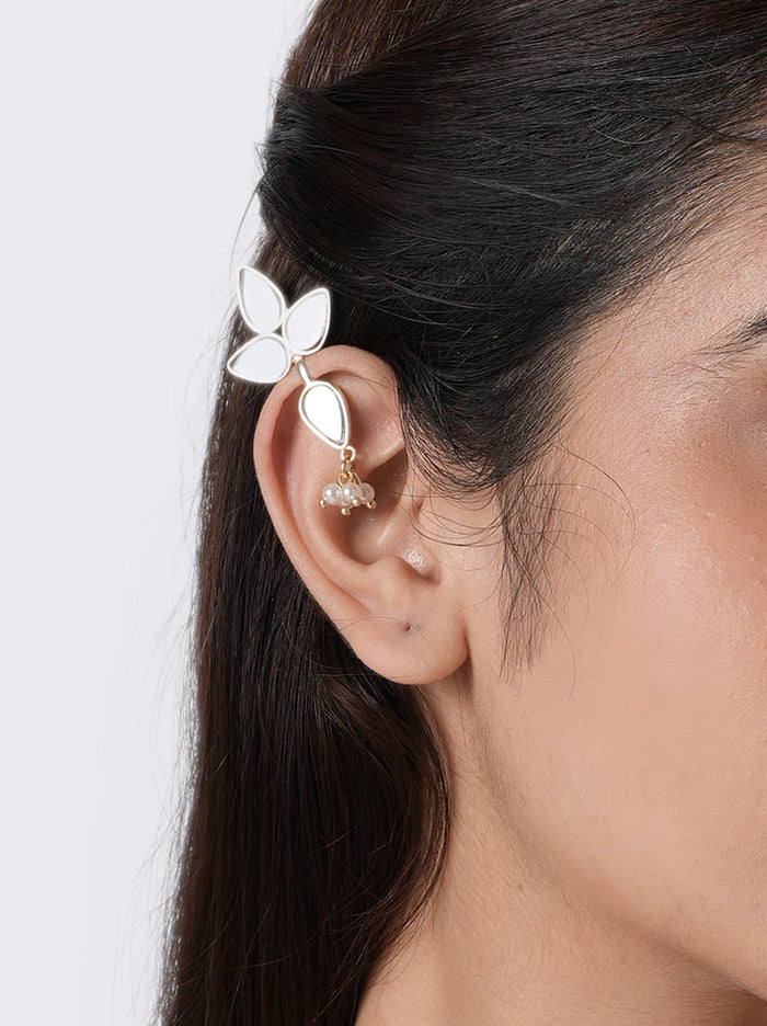 Disha Floral Mirrorwork Earcuffs handcrafted with floral mirrorwork petals, faux pearls, glass beads, and brass metal in a Gold Tone Finish, featuring a lightweight no-piercing clip-on design perfect for weddings, festive occasions, cocktail parties, and contemporary ethnic styling.