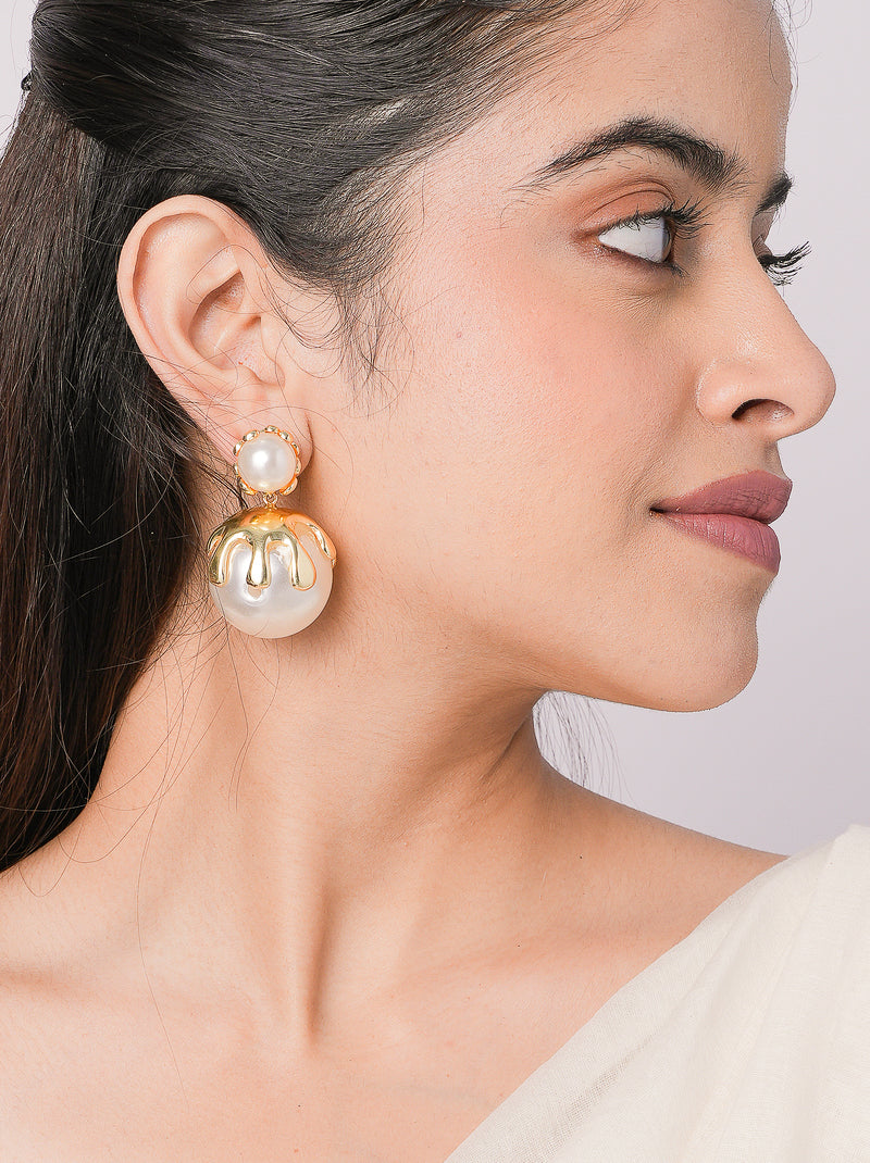 Drip Bubble Earrings featuring oversized pearl accents with sculptural gold-tone detailing, statement designer earrings for weddings, festive wear, and contemporary styling.
