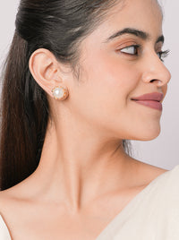 Drip Stud pearl earrings featuring pearl white center stones with delicate gold-tone detailing, elegant lightweight stud earrings for everyday and festive styling.