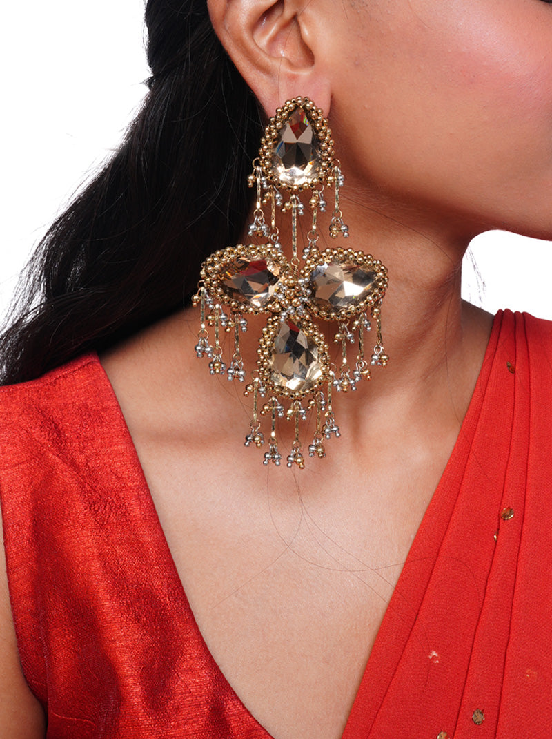 Erra Antique Stone Earrings handcrafted with glass stones, intricate brass detailing, glass bead accents, and an Antique Tone Finish, perfect for weddings, festive celebrations, and traditional ethnic styling.