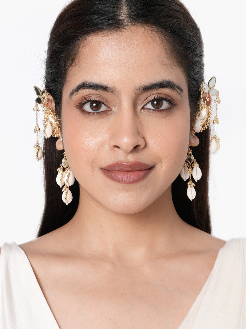 Gopi Ethnic Shell Earcuff handcrafted with natural shell drops, mirror accents, glass bead detailing, floral motifs, and a Gold Tone Finish, perfect for Haldi, Mehndi, destination weddings, festive celebrations, and contemporary ethnic styling.