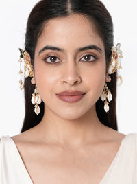 Gopi Ethnic Shell Earcuff handcrafted with natural shell drops, mirror accents, glass bead detailing, floral motifs, and a Gold Tone Finish, perfect for Haldi, Mehndi, destination weddings, festive celebrations, and contemporary ethnic styling.
