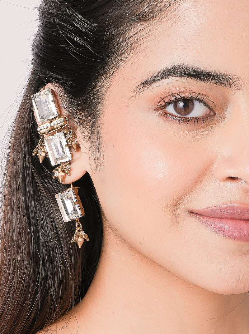 Handcrafted Gul Antique Stone Earcuff in antique gold finish featuring rectangular glass stones, intricate bead detailing, and geometric accents for festive, wedding, and fusion wear.