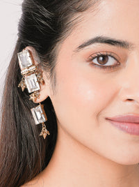 Handcrafted Gul Antique Stone Earcuff in antique gold finish featuring rectangular glass stones, intricate bead detailing, and geometric accents for festive, wedding, and fusion wear.