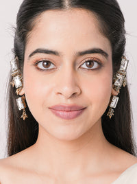 Handcrafted Gul Antique Stone Earcuff in antique gold finish featuring rectangular glass stones, intricate bead detailing, and geometric accents for festive, wedding, and fusion wear.
