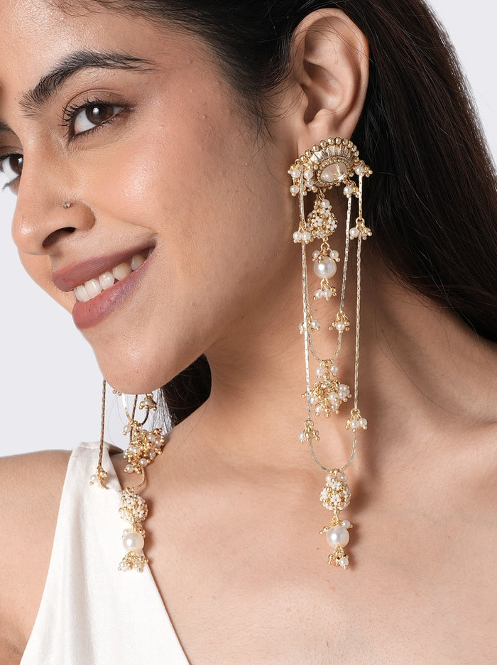 Jasmine Ethnic Fashion Earrings handcrafted with faux pearls, glass beads, and brass metal in a Gold Tone Finish, featuring elegant layered chain detailing and pearl drop accents, perfect for weddings, receptions, festive occasions, sangeet nights, cocktail parties, and ethnic fashion styling.