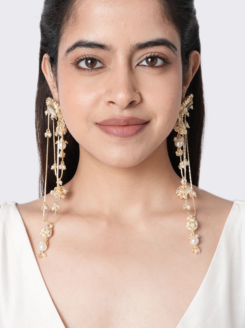 Jasmine Ethnic Fashion Earrings handcrafted with faux pearls, glass beads, and brass metal in a Gold Tone Finish, featuring elegant layered chain detailing and pearl drop accents, perfect for weddings, receptions, festive occasions, sangeet nights, cocktail parties, and ethnic fashion styling.