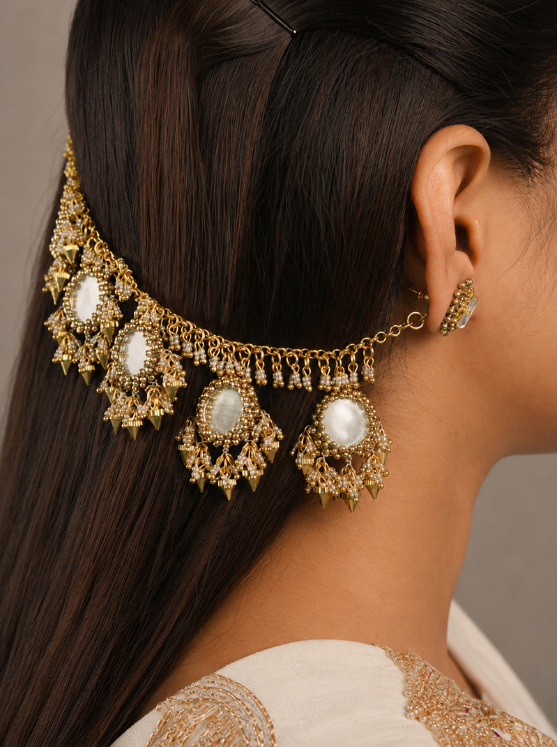 Jivika Regal Antique Earchain handcrafted with brass metal, oval glass stone motifs, delicate glass bead tassels, and an Antique Tone Finish, perfect for bridal wear, weddings, festive occasions, and traditional Indian styling.