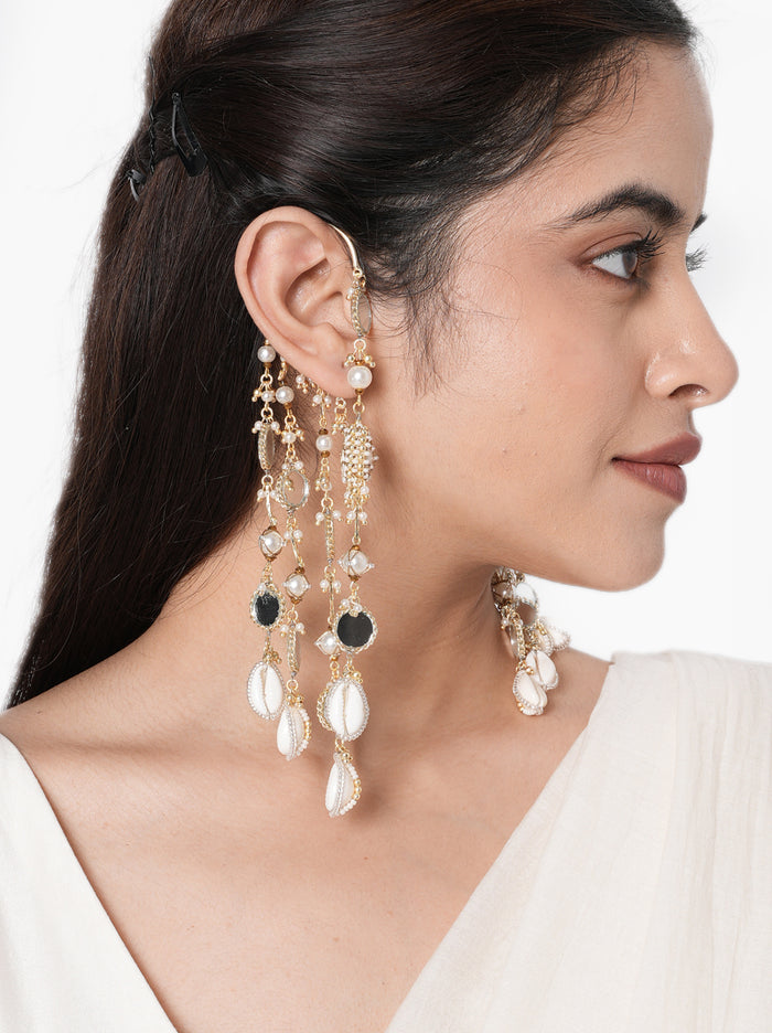 Kajol Shell Mirror Earrings handcrafted with cascading shells, mirror accents, faux pearls, glass bead detailing, and a Gold Tone Finish, perfect for beach weddings, Haldi, Mehndi, destination weddings, festive celebrations, and elegant Indo-western styling.
