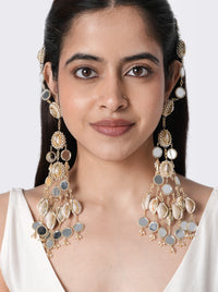 Kashish Shell Mirror Earrings handcrafted with natural shell accents, mirror elements, faux pearls, glass beads, and brass metal in a Gold Tone Finish, featuring cascading statement drops with ear cuff support, perfect for weddings, haldi ceremonies, festive occasions, destination weddings, and bridal styling.
