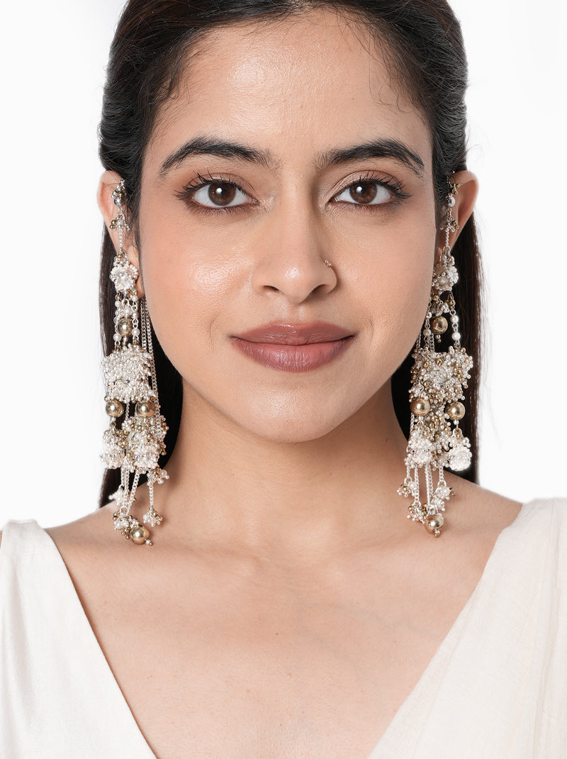 Kashvi Pearl Modern Earrings handcrafted with faux pearls, mirror accents, intricate glass bead embroidery, cascading metallic drops, and a Silver Tone Finish, perfect for weddings, receptions, festive celebrations, cocktail parties, and elegant contemporary styling.