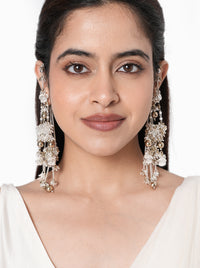 Kashvi Pearl Modern Earrings handcrafted with faux pearls, mirror accents, intricate glass bead embroidery, cascading metallic drops, and a Silver Tone Finish, perfect for weddings, receptions, festive celebrations, cocktail parties, and elegant contemporary styling.