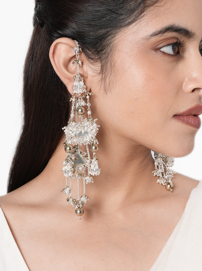 Kashvi Pearl Modern Earrings handcrafted with faux pearls, mirror accents, intricate glass bead embroidery, cascading metallic drops, and a Silver Tone Finish, perfect for weddings, receptions, festive celebrations, cocktail parties, and elegant contemporary styling.