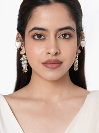 Kittu Heart Pearl Earrings handcrafted with a heart-shaped earcuff, crescent mirror accents, faux pearls, glass bead detailing, and a Gold Tone Finish, perfect for weddings, receptions, Haldi, Mehndi, festive celebrations, parties, and elegant Indo-western styling.