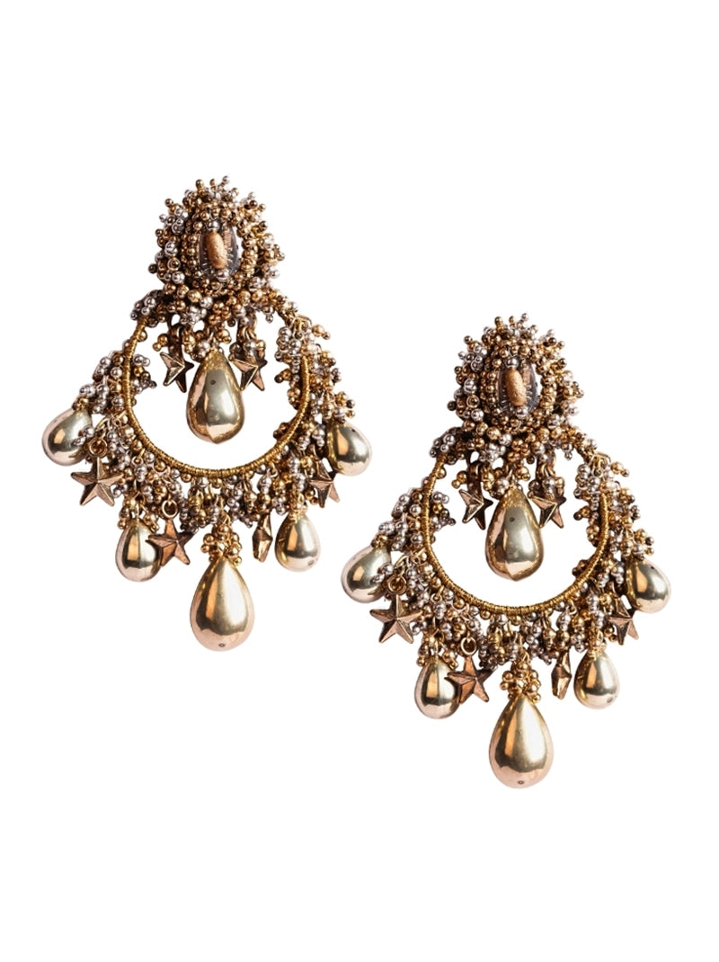 Handcrafted Koppal Celestial Drop Earrings featuring brass metal, pearl accents and intricate beadwork with an elegant Antique Finish.